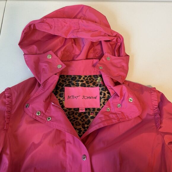 Betsey Johnson Pink Raincoat Anorak Jacket Hooded Drawstring Zip Cinched Waist - Picture 10 of 13